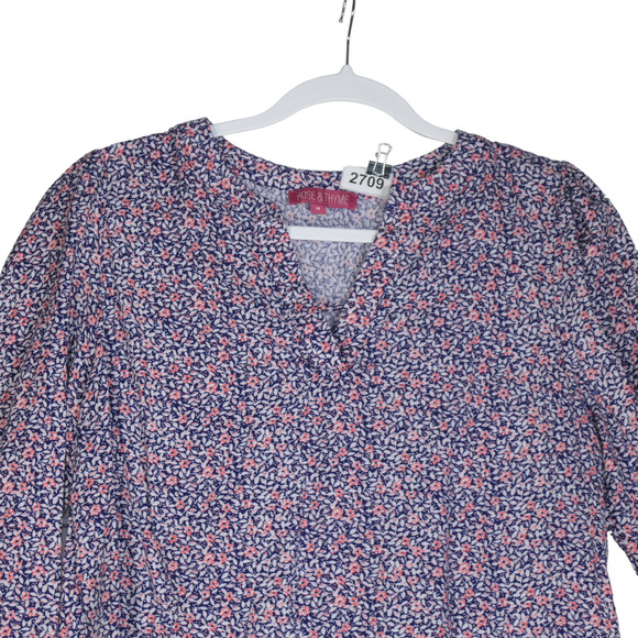 Rose and Thyme Floral Blouse Women Medium Blue Multi V Neck Tie Sleeve Top - Picture 2 of 8